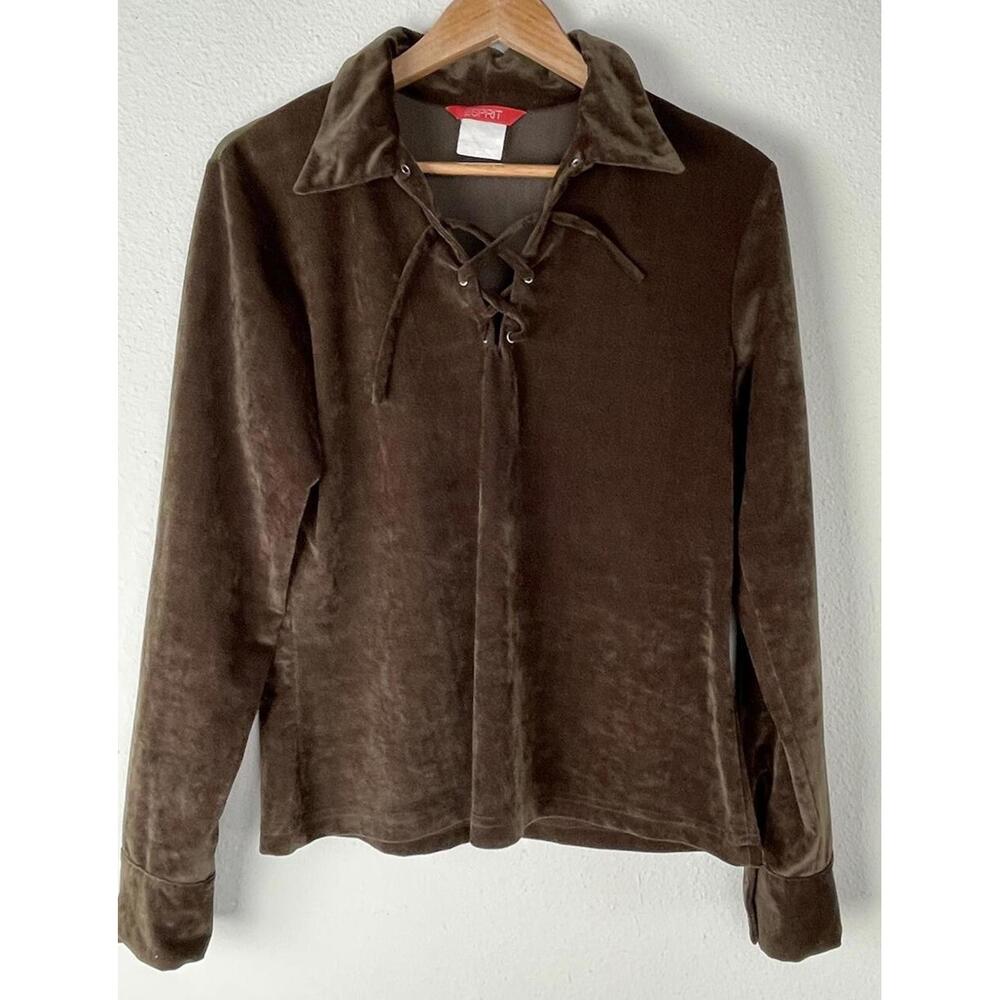 Vintage Esprit Brown Velvet Velour Lace Up V Neck Blouse Size Small